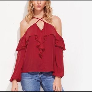 Red Ruffle Off The Shoulder Long Sleeve Top